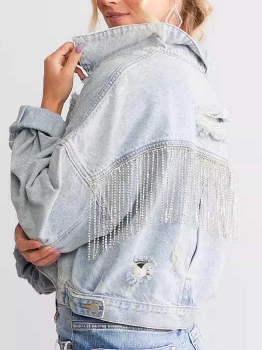 BLUE B. BUCKLE RHINESTONE FRINGE DENIM JACKET S/M LIGHT WASH CONCERT WESTERN